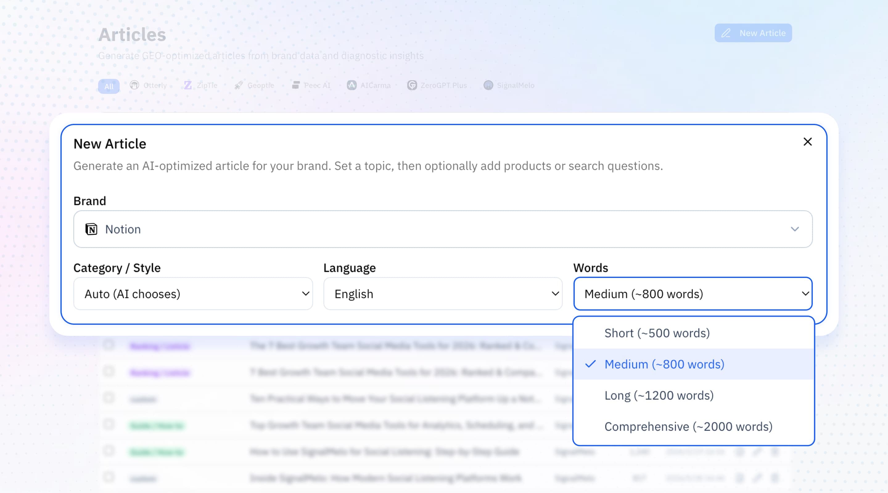 Category & search options