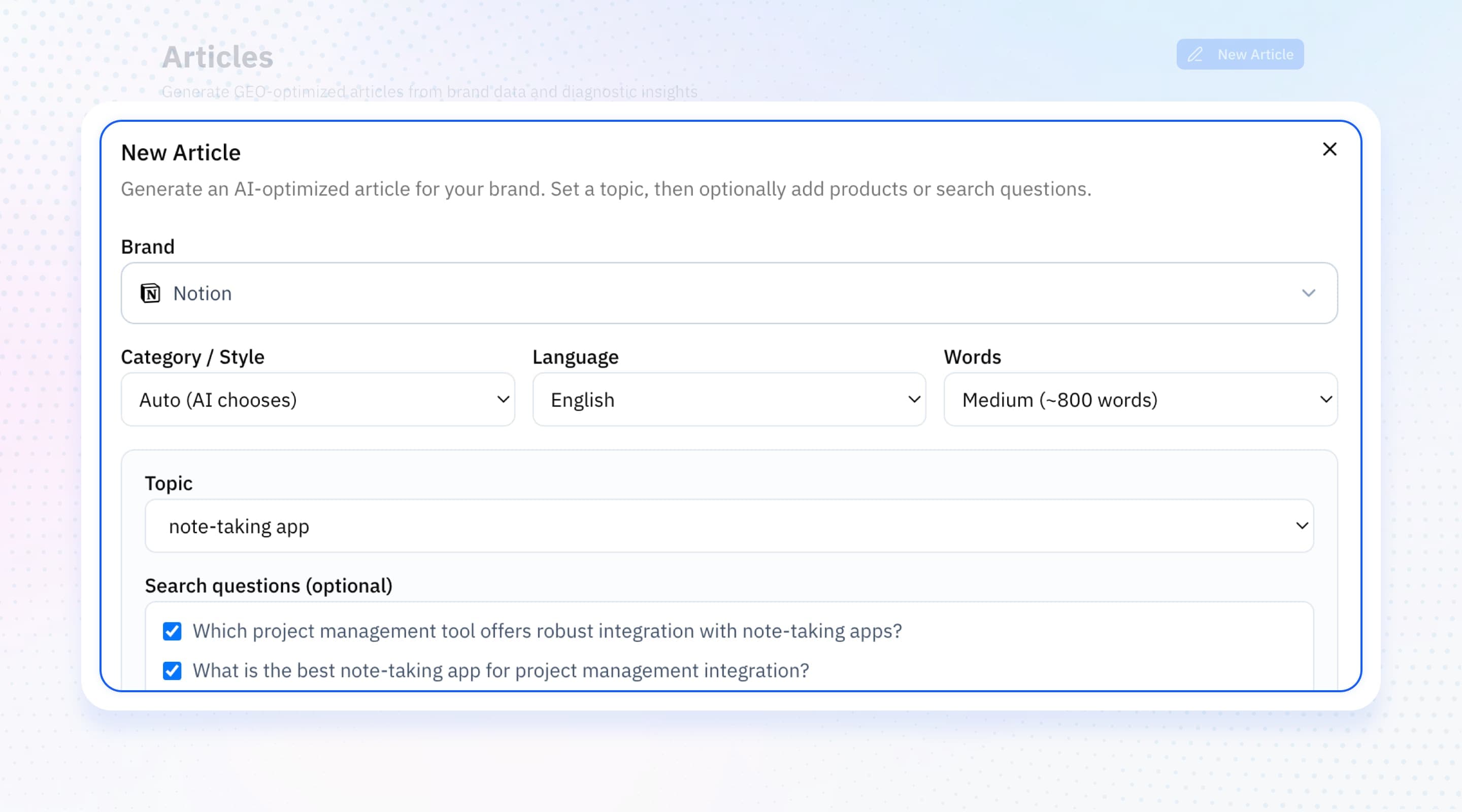 Article generator dialog