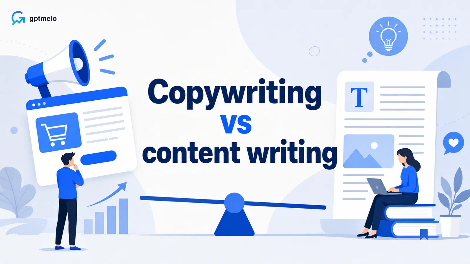 Editorial cover for copywriting vs content writing — one sells, one explains