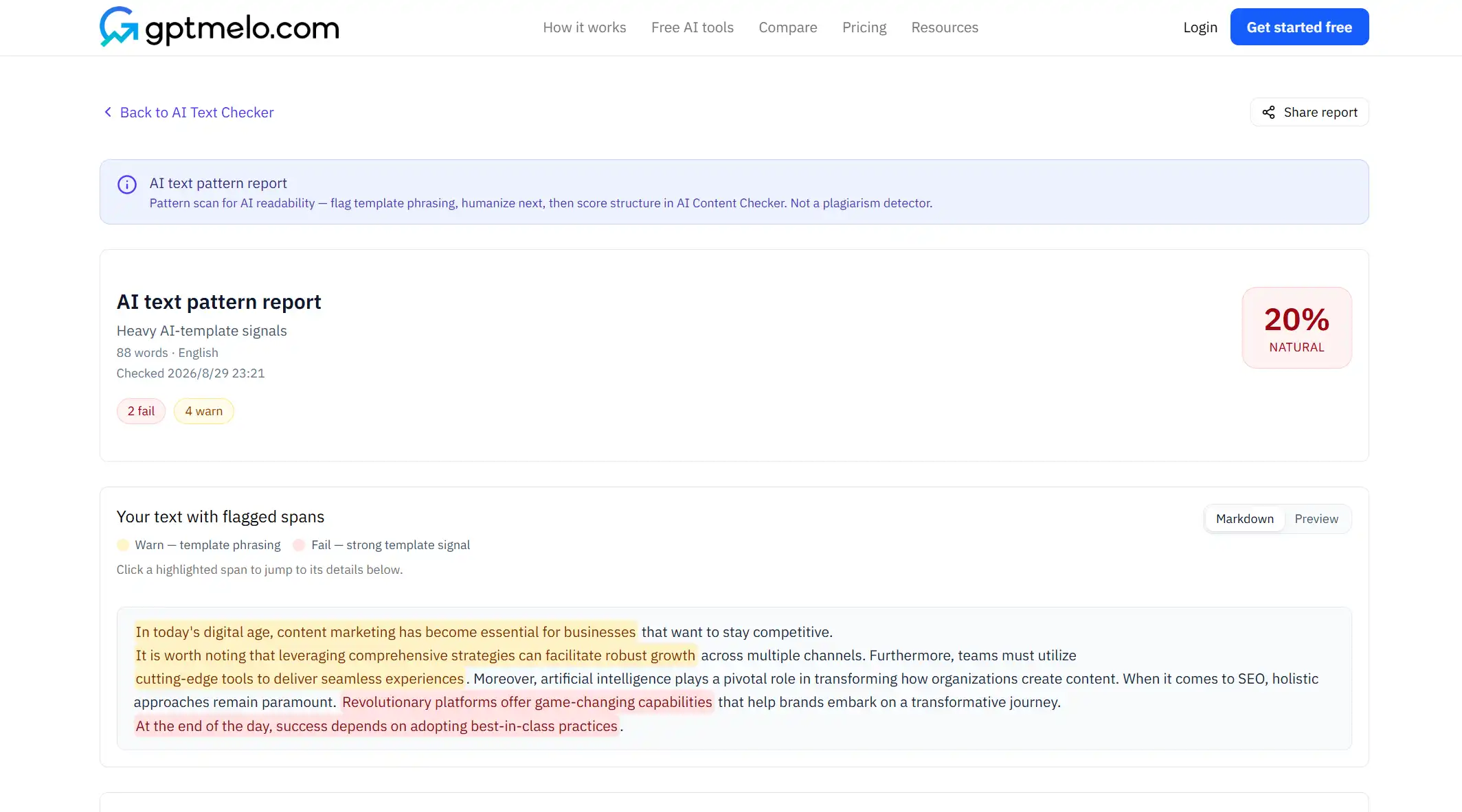 gptmelo AI Text Checker pattern score on a draft section