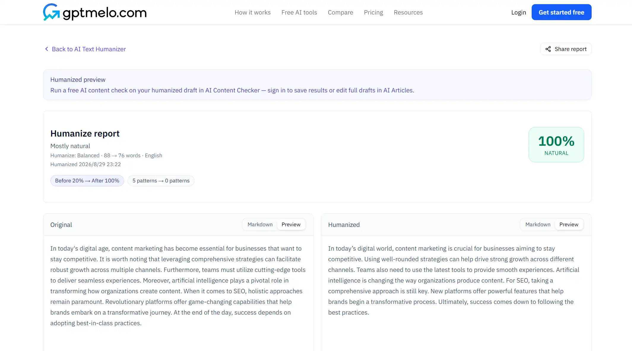 gptmelo AI Text Humanizer rewriting a stiff draft section