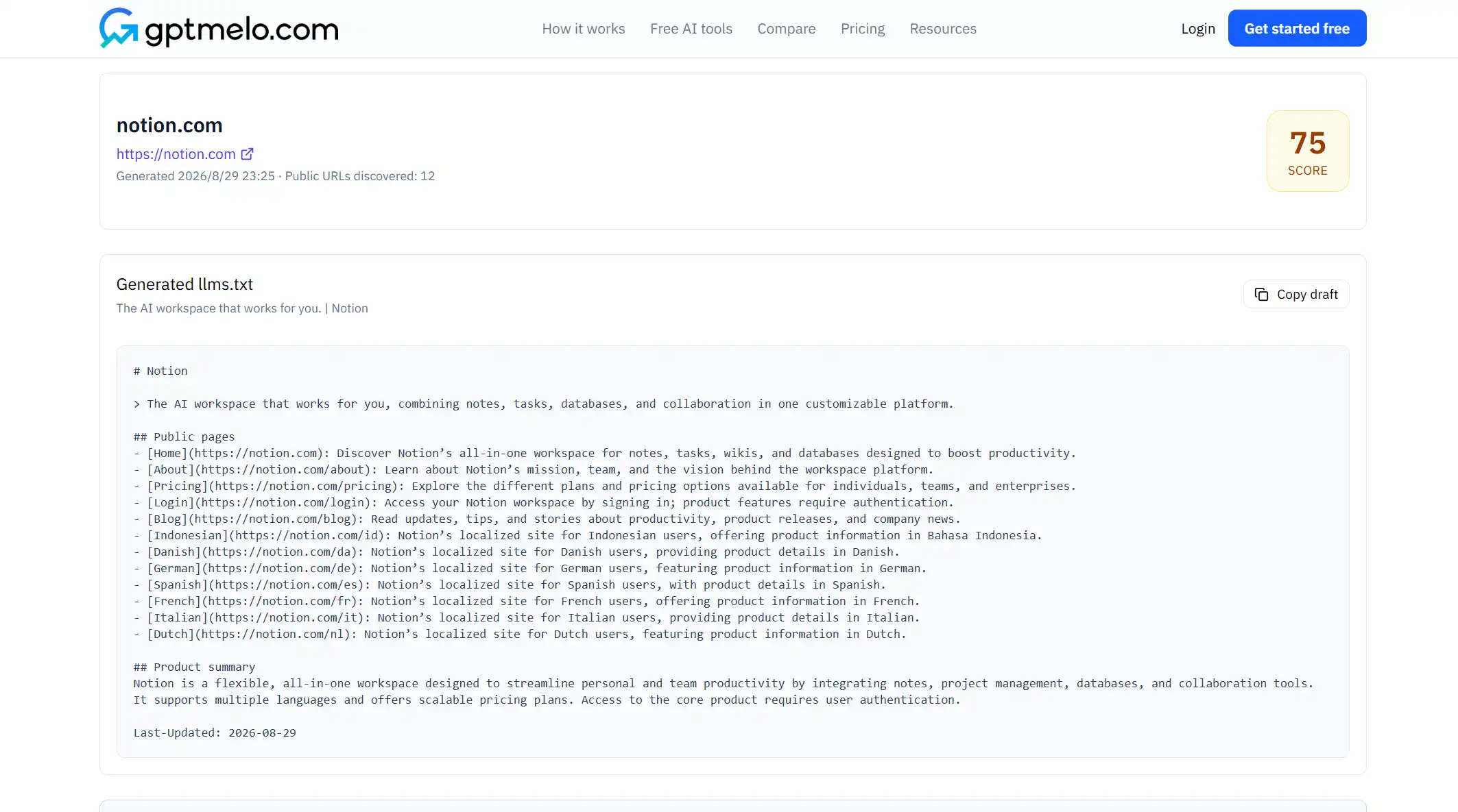 gptmelo llms.txt Generator scaffolding a site map file