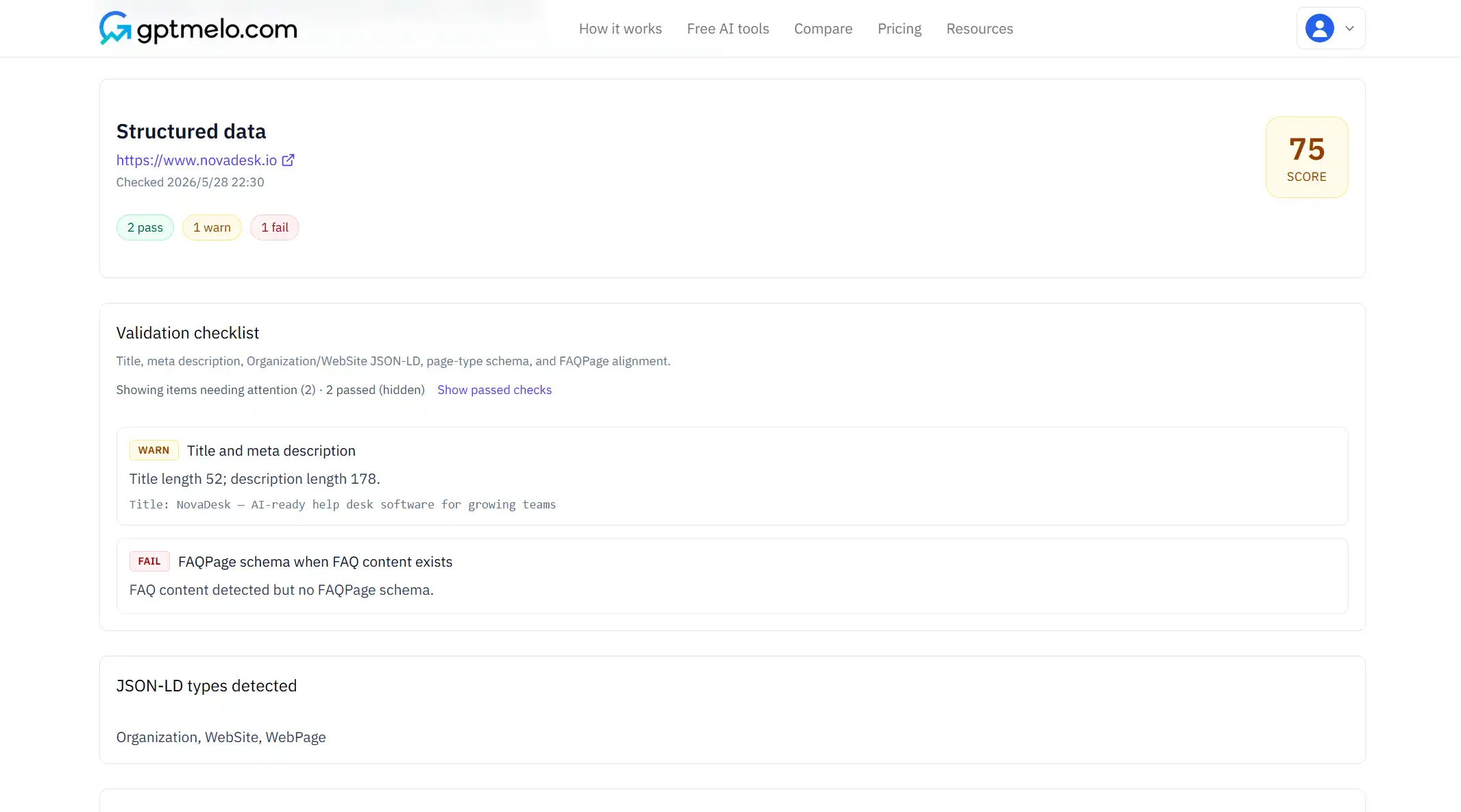 Structured Data Checker result with schema pass/warn rows