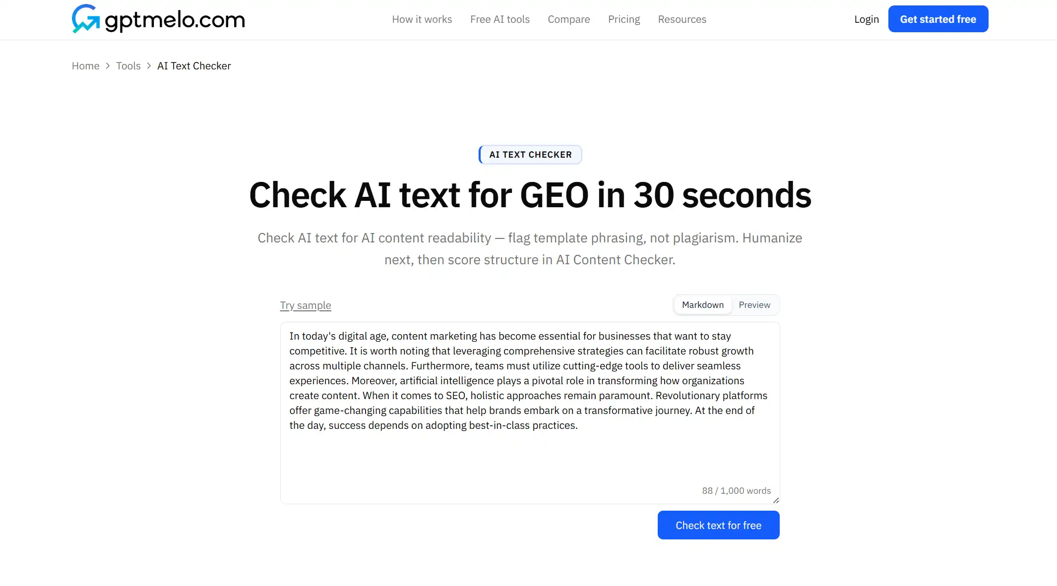 AI Text Checker with a draft pasted and a 1,000-word cap