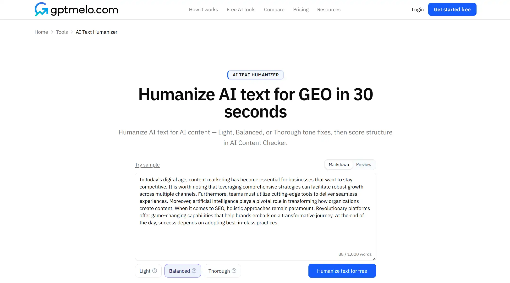 AI Text Humanizer with a draft pasted and Balanced selected