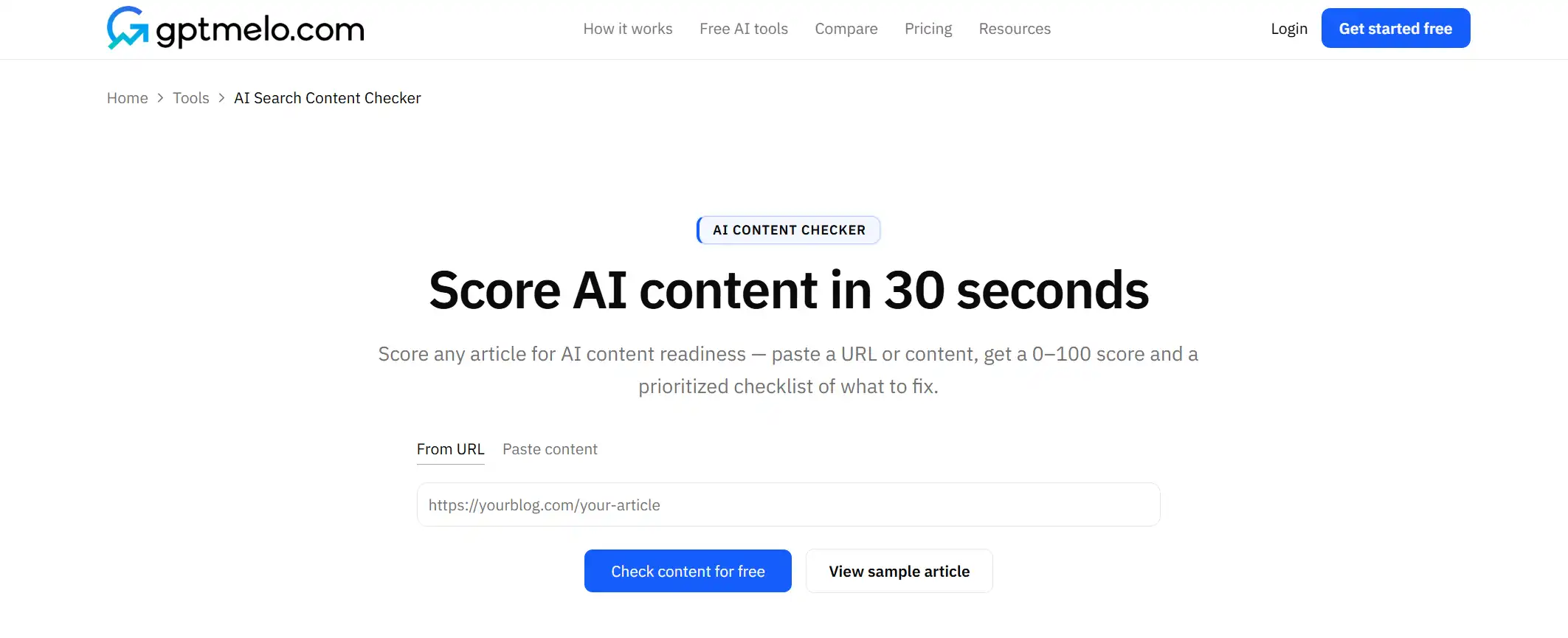 gptmelo GEO Content Checker with From URL selected and a page URL field