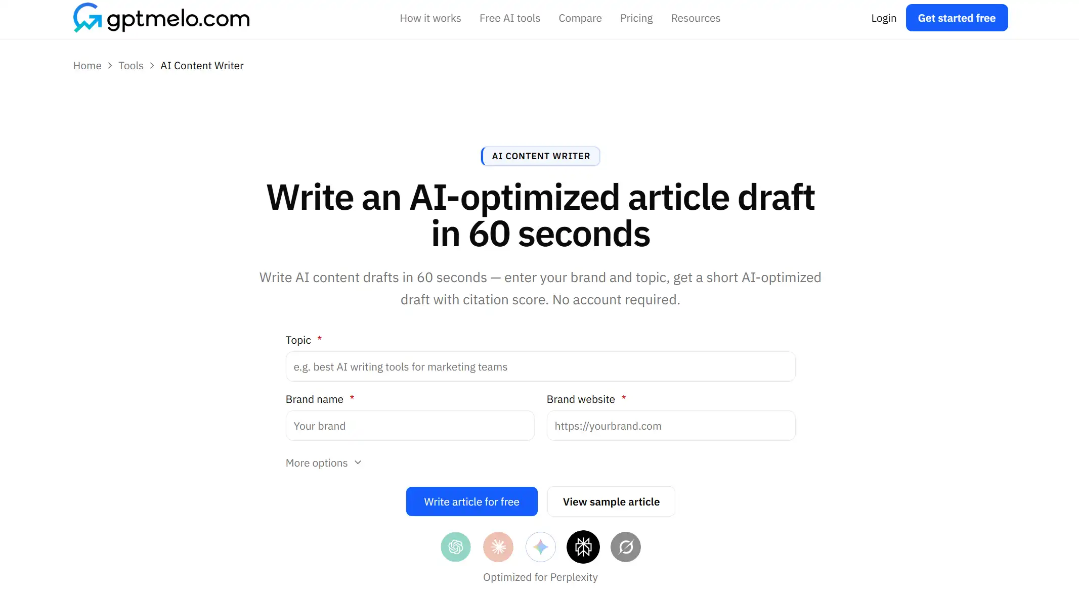 gptmelo GEO Content Writer form with topic, brand, and website fields