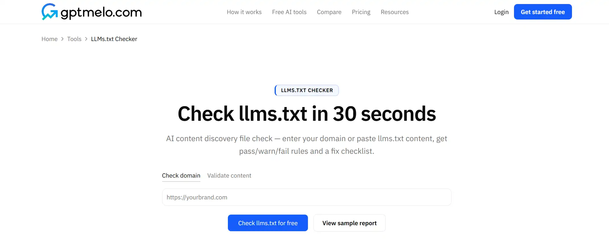 llms.txt Checker with Check domain selected and a URL field