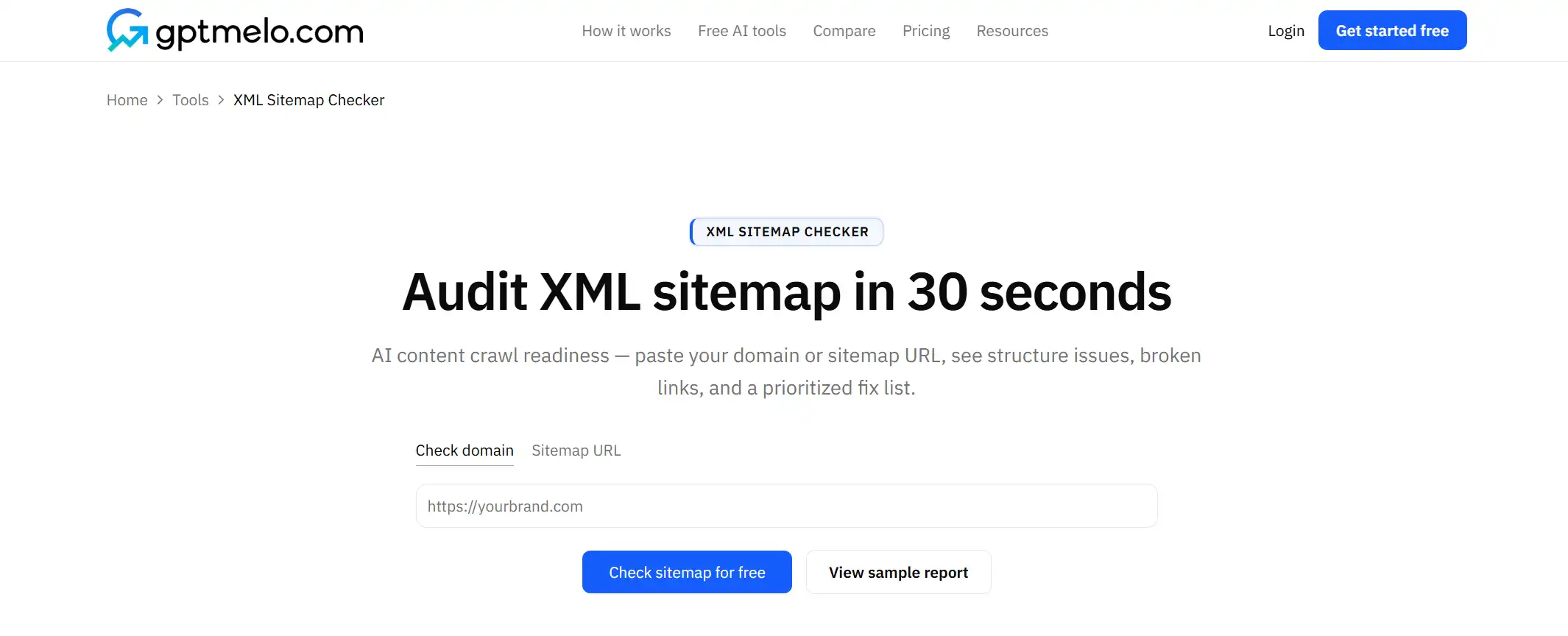 XML Sitemap Checker with Check domain selected and a URL field