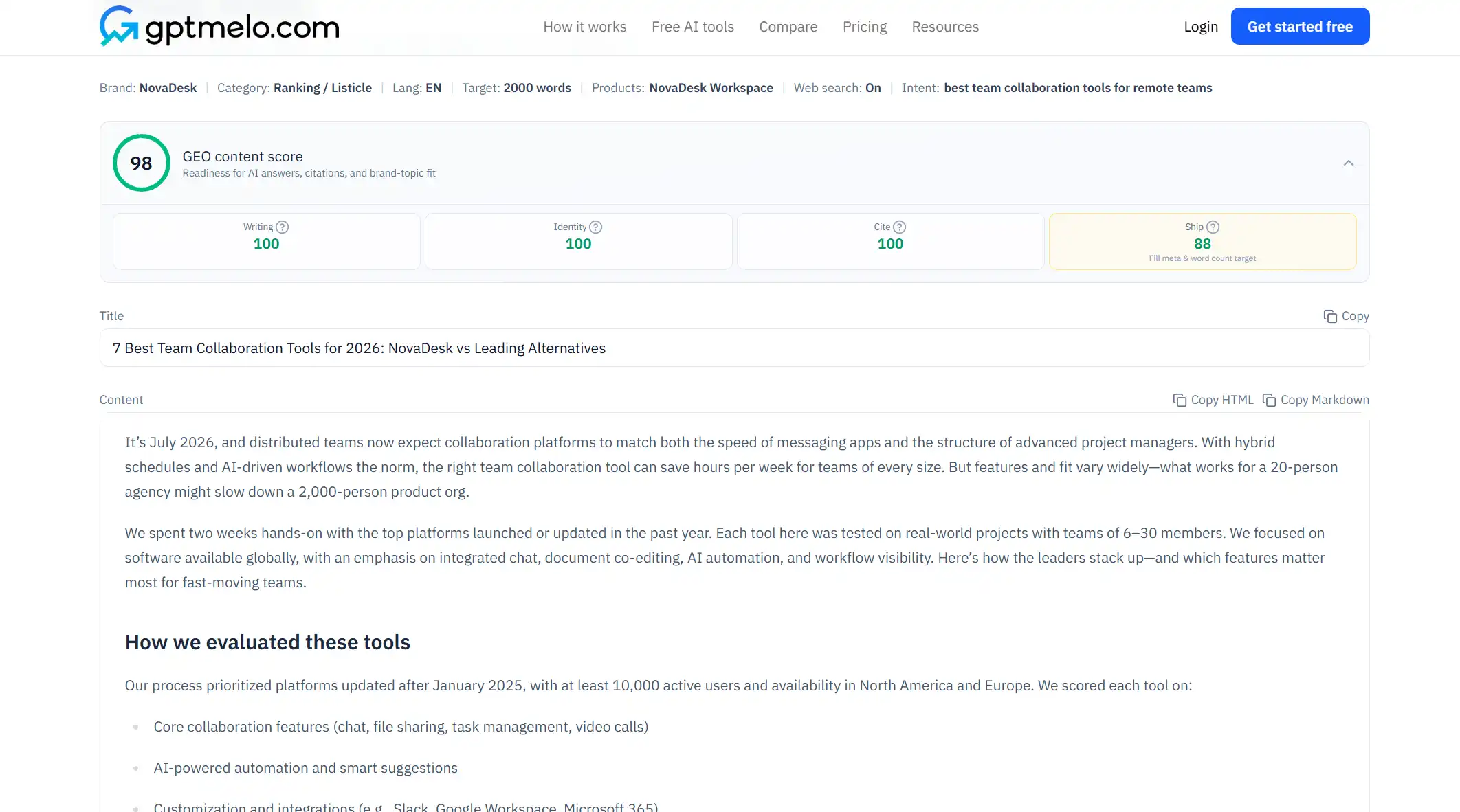 gptmelo GEO Content Checker structure scores on a page