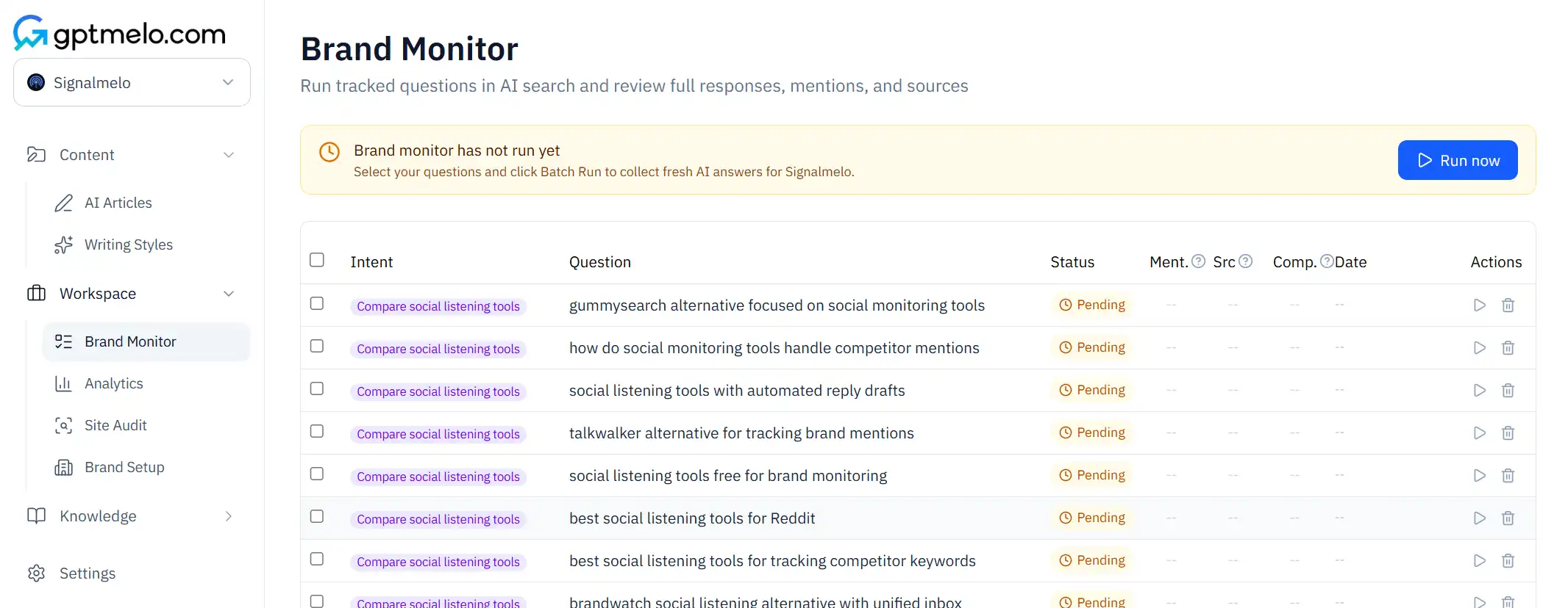 gptmelo Brand Monitor table of tracked questions with Pending status
