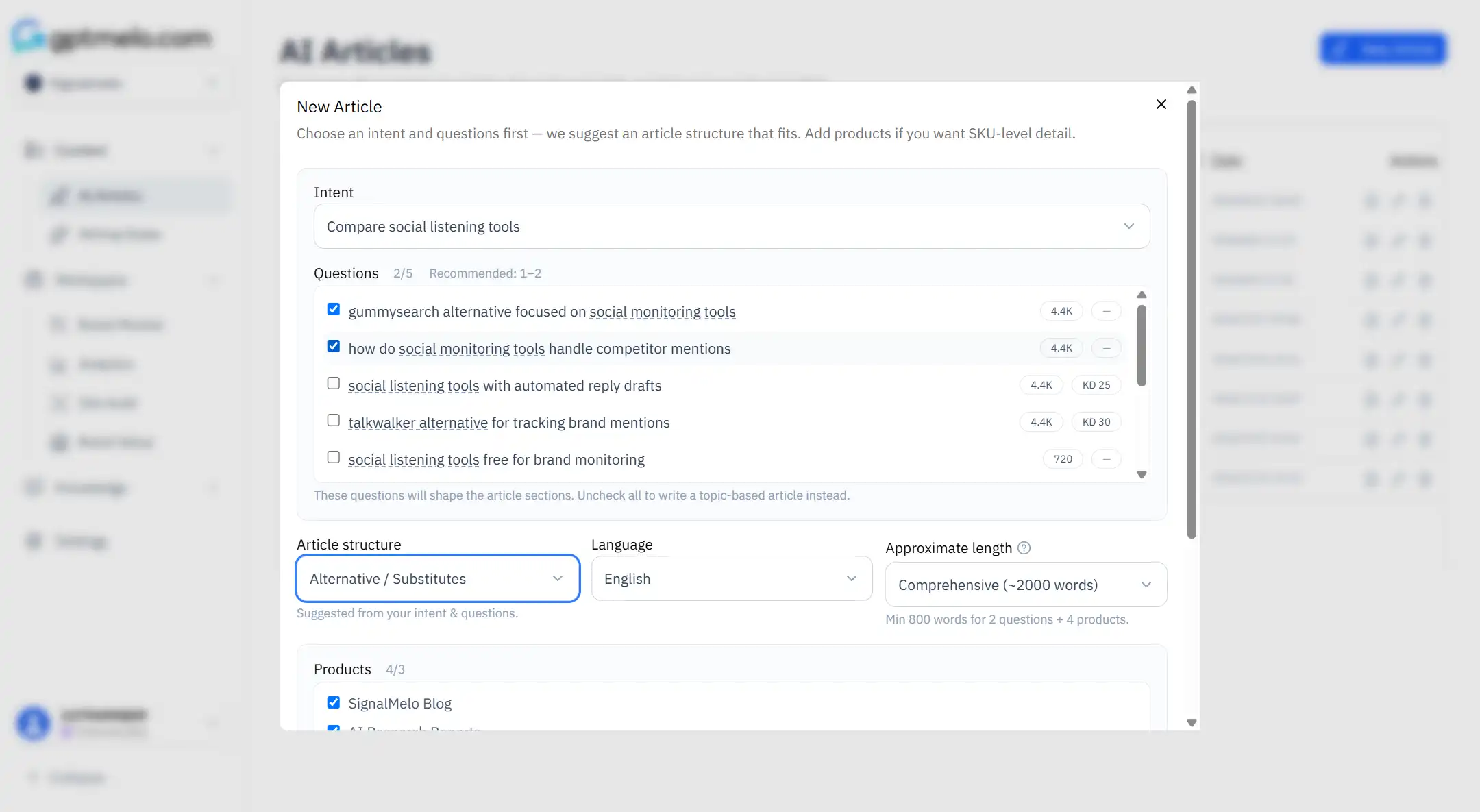 gptmelo New Article dialog with Intent, Questions, structure, language, and length