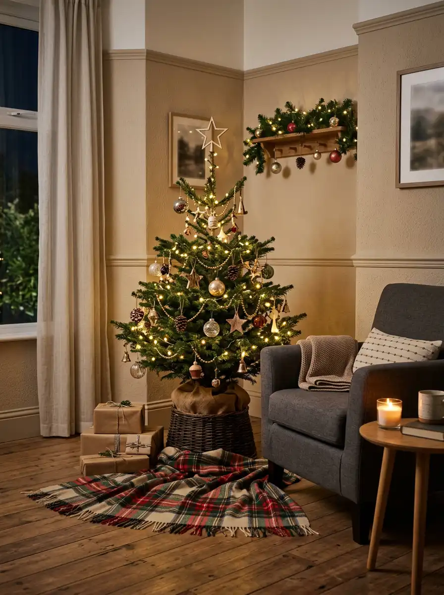 Empty Christmas tree and plaid blanket still life, sample generated with Gemini