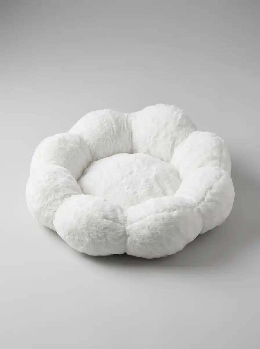 Empty fluffy white cloud-bed cushion on a gray backdrop, sample generated with Gemini