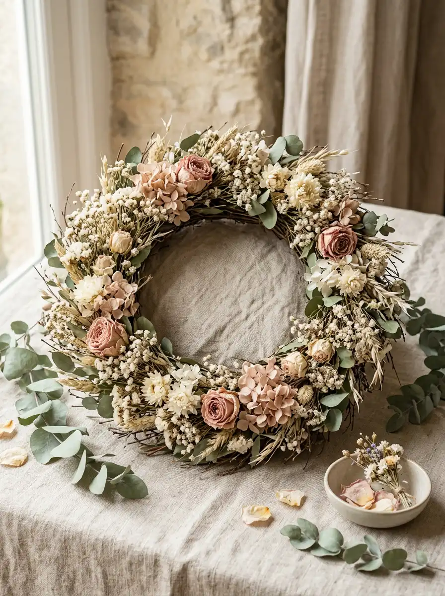 Empty circular nest of dried cream and blush flowers, sample generated with Gemini