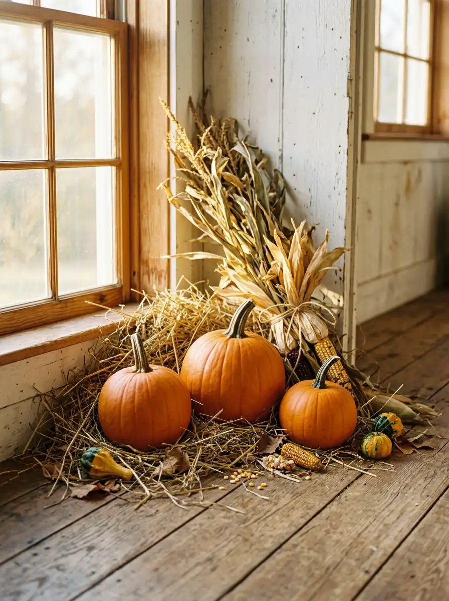 Empty indoor pumpkin and hay still life, sample generated with Gemini