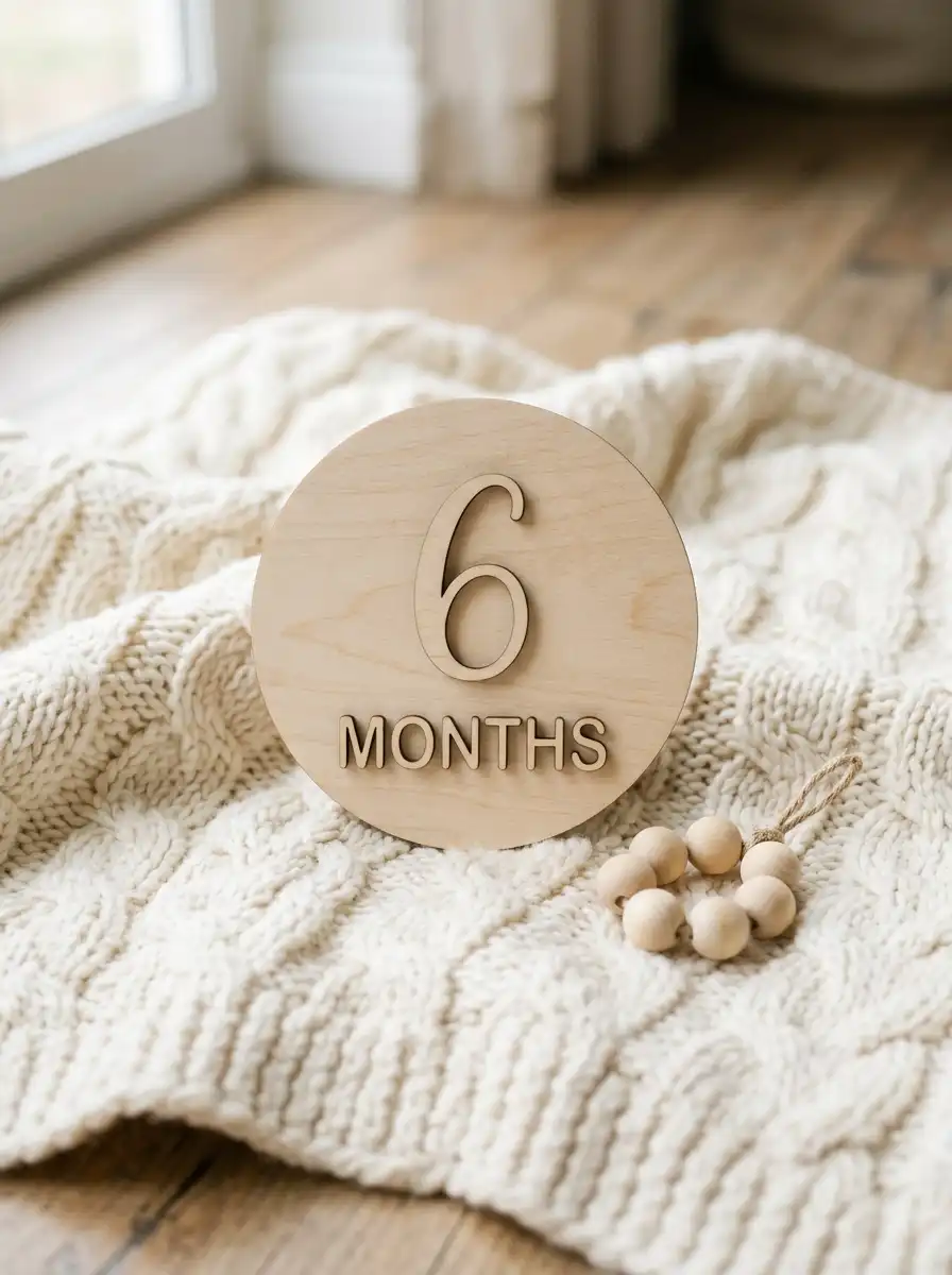 Empty wooden 6 MONTHS milestone number board on a knit blanket, sample generated with Gemini