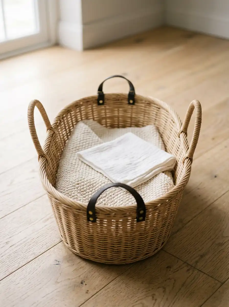 Empty rattan newborn basket and cream knit wrap, sample generated with Gemini