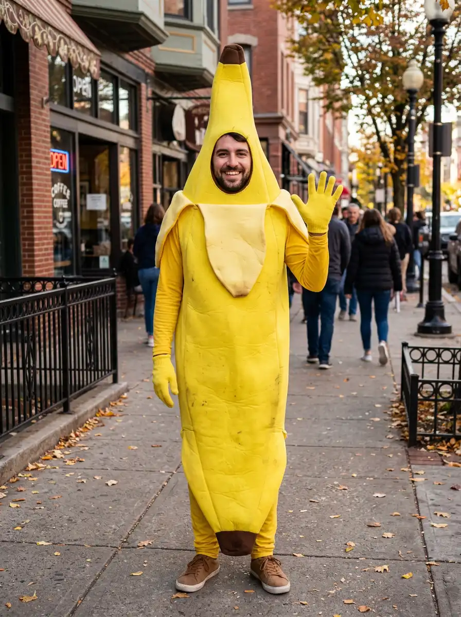 Adult banana suit costume try-on sample generated with Gemini