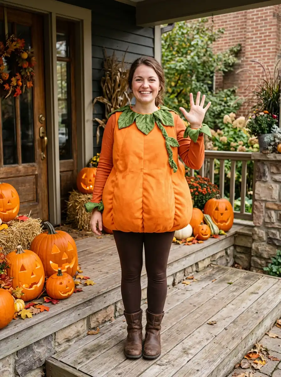 Adult pumpkin suit costume try-on sample generated with Gemini