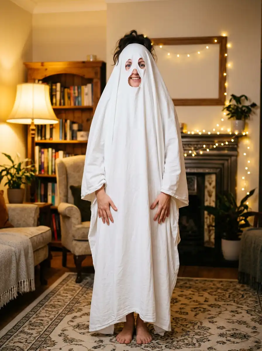 Adult sheet-ghost costume try-on sample generated with Gemini