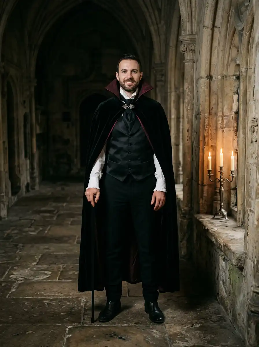 Vampire cape costume try-on sample generated with Gemini
