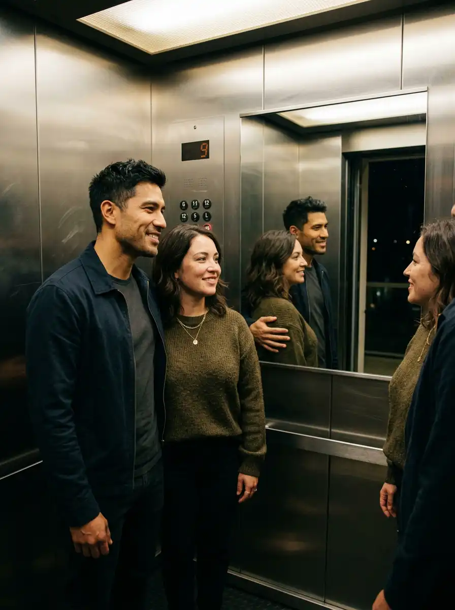 Elevator mirror couple selfie sample generated with Gemini