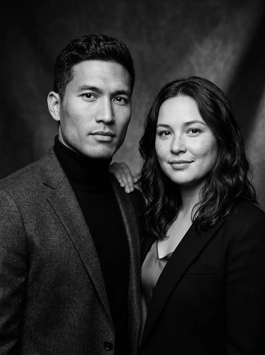 Black-and-white magazine couple portrait sample generated with Gemini