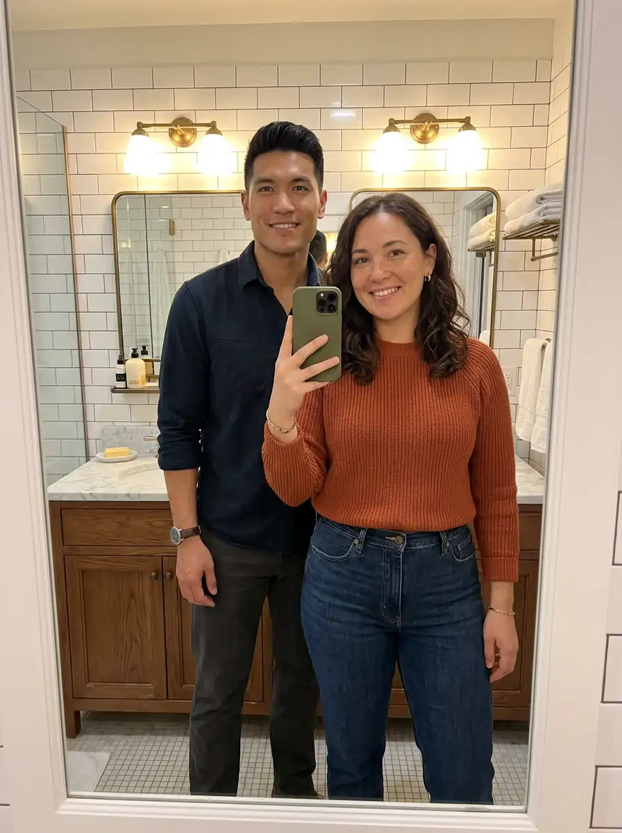 Bathroom mirror couple selfie sample generated with Gemini