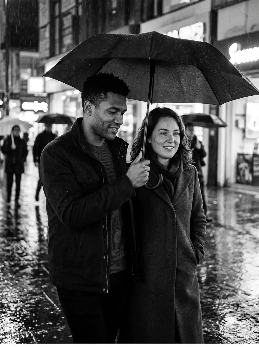 Black-and-white rainy street couple portrait sample generated with Gemini