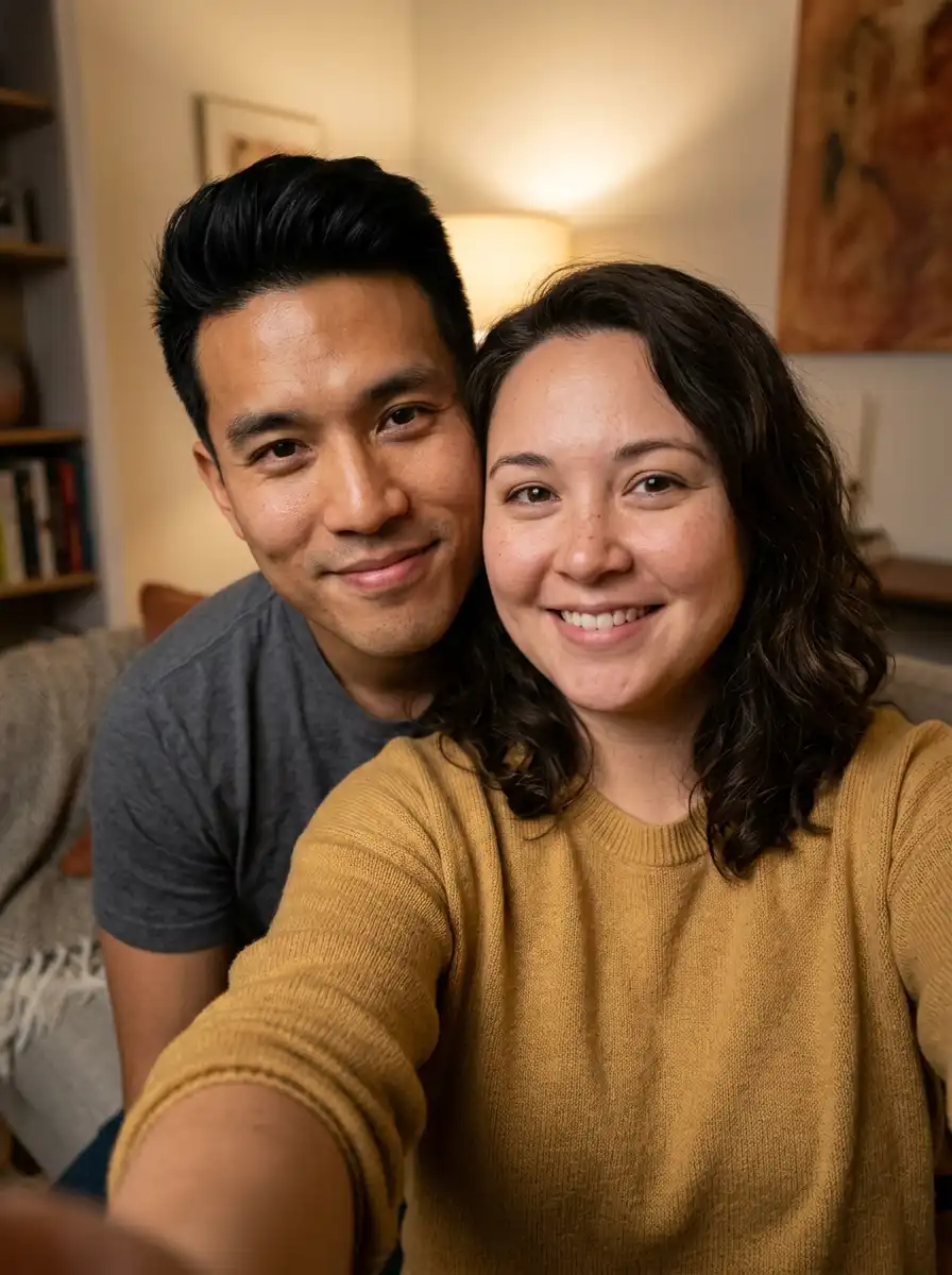 Shoulder-peek couple selfie sample generated with Gemini