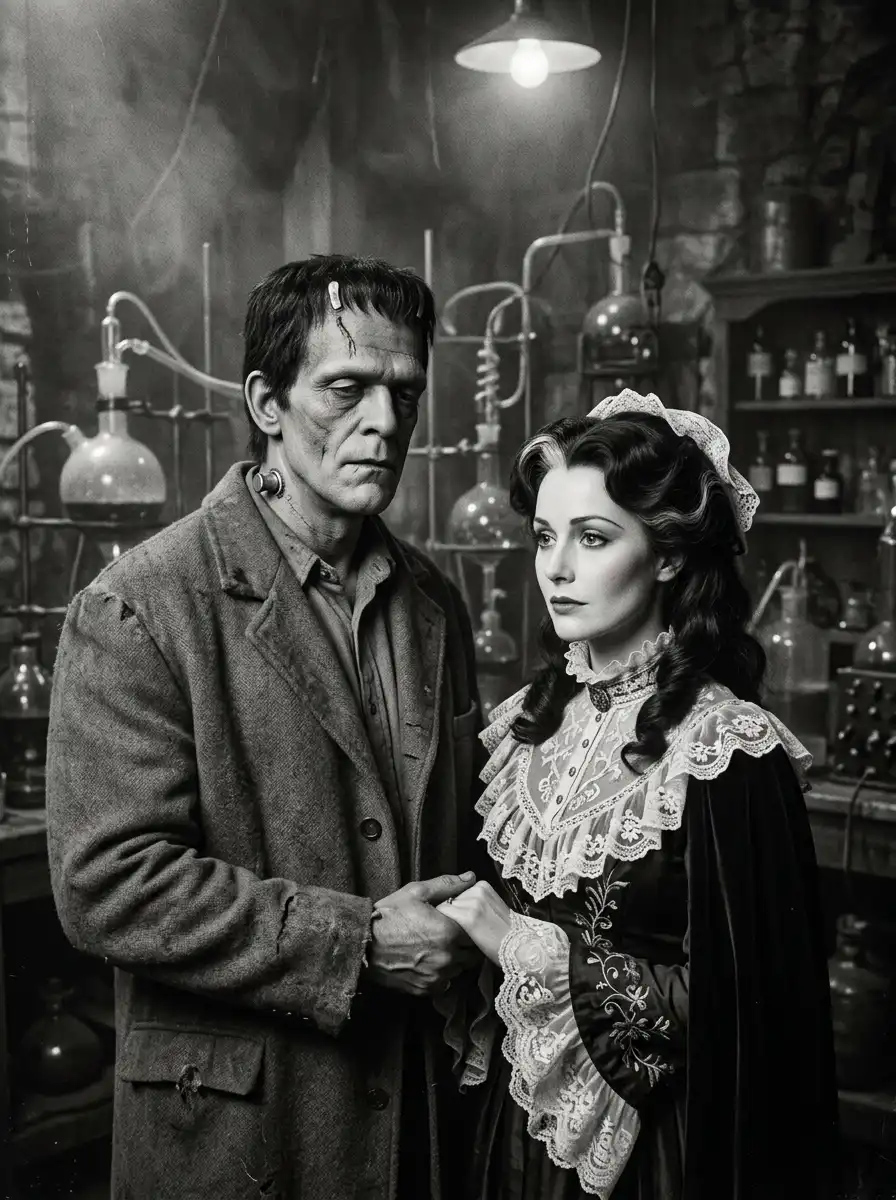 1930s laboratory couple portrait sample generated with Gemini, generic monster-movie makeup, not a studio character