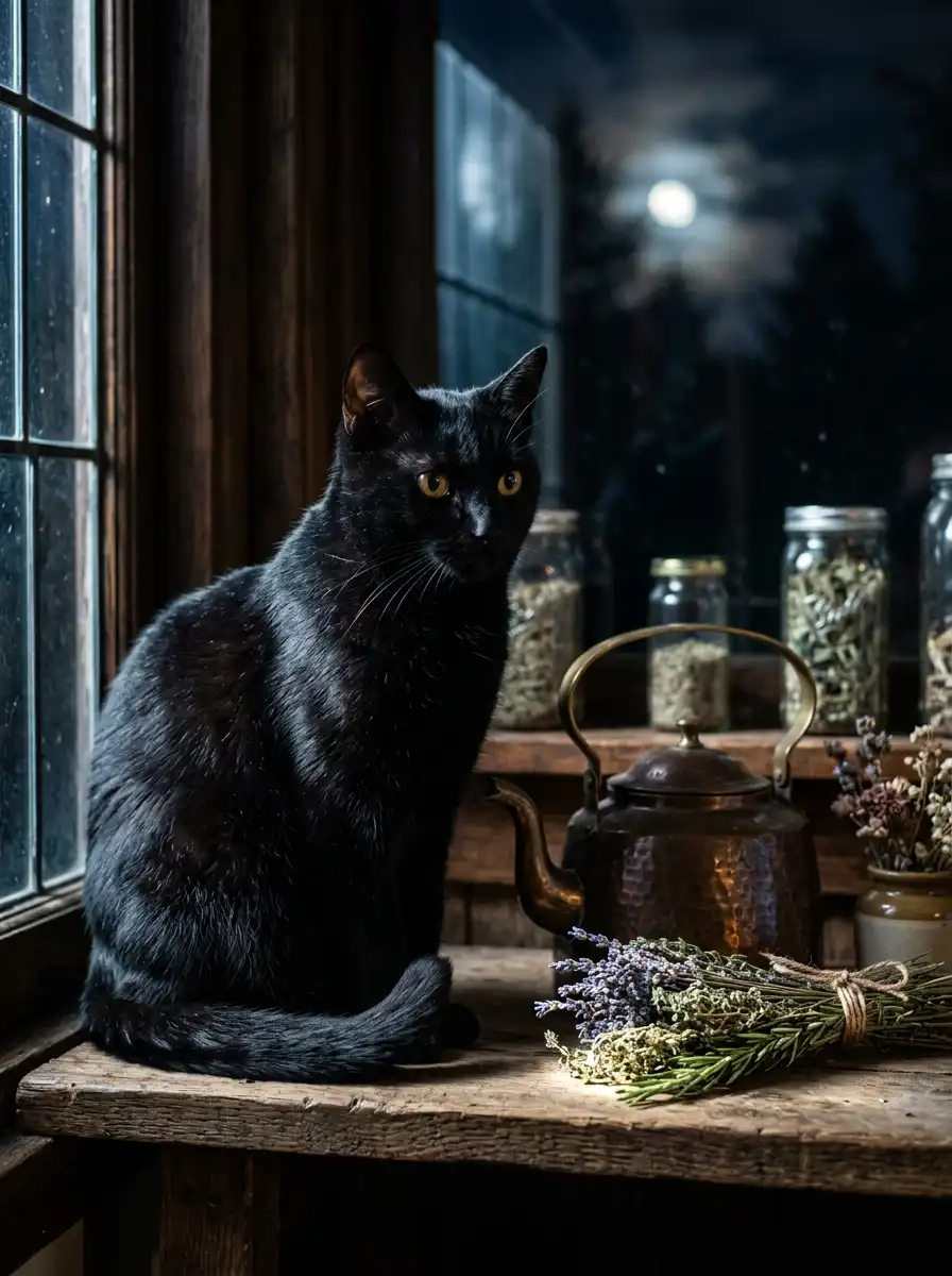 Black cat witch-helper Halloween portrait sample generated with Gemini
